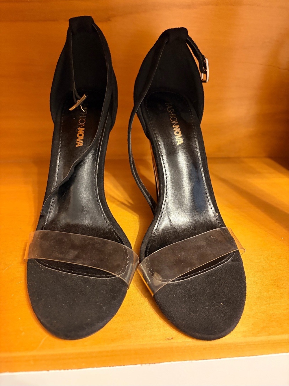 Fashion Nova Black Heeled Sandals with Clear Toe Strap